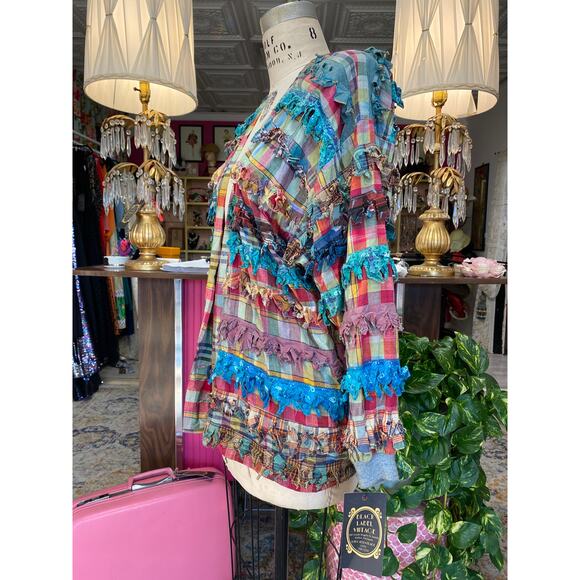 vintage 1990s Paula Sweet plaid fringe oversized rag jacket - Picture 5 of 8